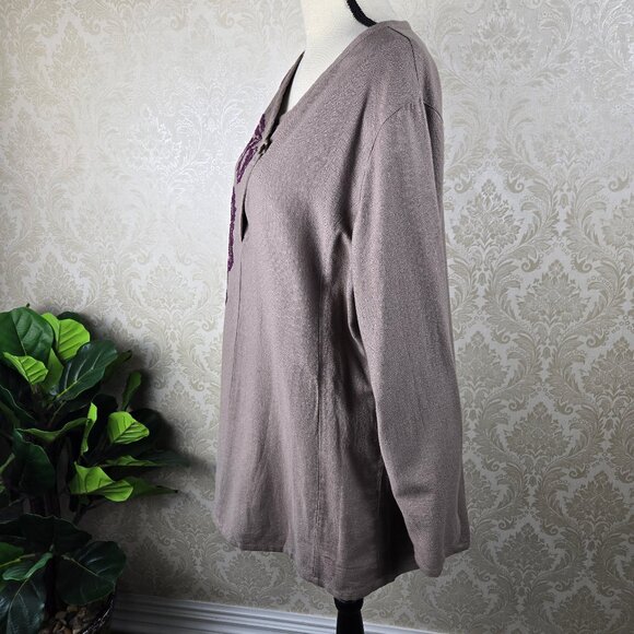 Soft Surroundings Size XL100% Cotton Tunic Brown Dark Red Embroidery V Neck NWT - Picture 6 of 12